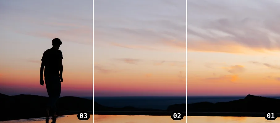 Ein Foto über ein 3-teiliges Instagram-Profilraster, nummeriert in Posting-Reihenfolge